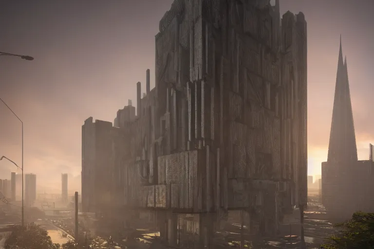 Image similar to streetscape, a towering cathedral of brutalist architecture, buildings covered with greebles, stunning volumetric light, sunset, metal, concrete and translucent material, stunning skies, majestic landscape, trending on Artstation, 8k, photorealistic, hyper detailed, unreal engine 5, IMAX quality, cinematic, epic lighting, in the style of Greg Rutkowski