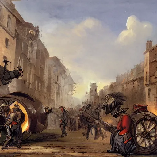 Prompt: giant elephant with an artillery gun for a head, men in napoleonic uniform operate the artillery gun as it fires in the streets of a medieval city, illustration, rpg, hubert robert