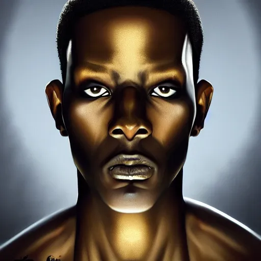 Prompt: portrait of a slender black man with angry face. Epic fantasy. hyperrealism. symetric face cinematic top lighting, insanely detailed and intricate, Frank frazeta, Lucas Graciano Boris Vallejo. Character Art. High Fantasy. golden ratio, symmetric, cinematic, trending on artstation, deviantart and cgsociety, 8k, high resolution