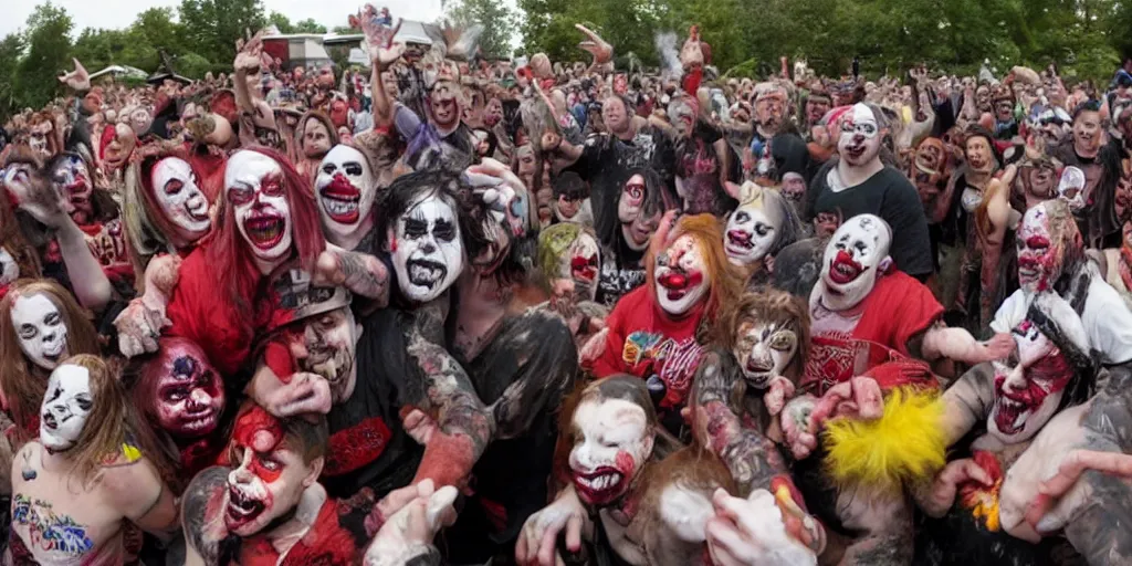 Image similar to Juggalos vs clowns school food fight, detailed facial expressions