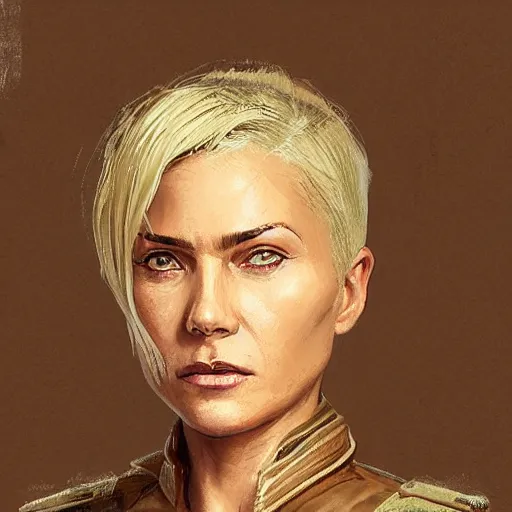 Image similar to portrait of a woman by greg rutkowski, she is a mixture between slav and samoan features, blonde short hair, she is about 7 0 years old, impeccable military composure, wearing tactical gear of the galactic alliance, star wars expanded universe, highly detailed portrait, digital painting, artstation, concept art, smooth, sharp foccus ilustration, artstation hq