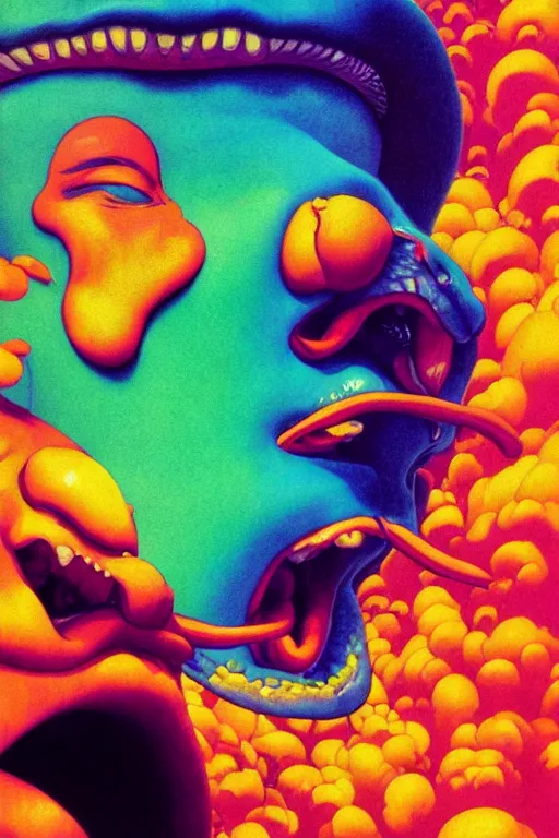 Prompt: a colorful vibrant closeup portrait of a ACDC licking a tab of LSD acid on his tongue and dreaming psychedelic hallucinations, by kawase hasui, moebius, Edward Hopper and James Gilleard, Zdzislaw Beksinski, Steven Outram colorful flat surreal design, hd, 8k, artstation