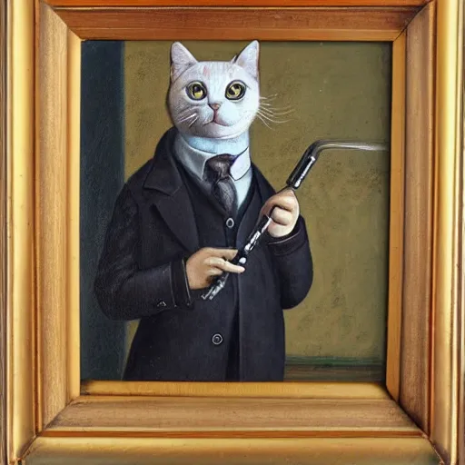 Image similar to cat in suit smoking a pipe, portrait,