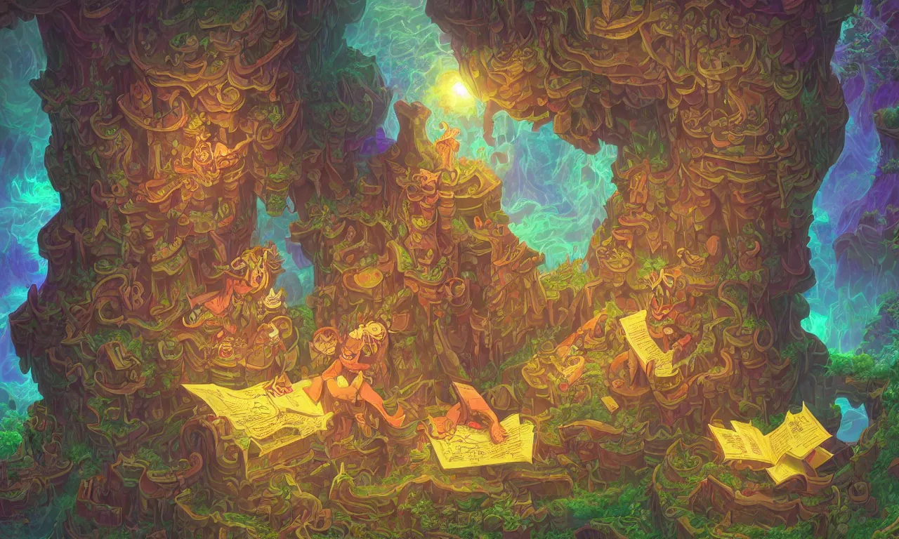 Image similar to large kerberos realm, wizard issues ticket close up, reading a directory, colorful ravine, 3 d art, digital illustration, perfect lighting