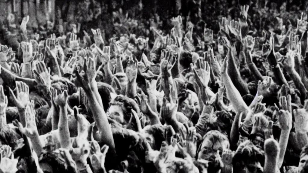 Prompt: movie still of a crowd waving hands saying good morning, cinematic composition, cinematic light, by ridley scott