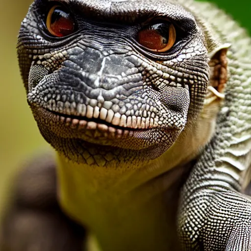 Prompt: the head of a lizard photoshopped onto a gorrilla's body, full - body shot