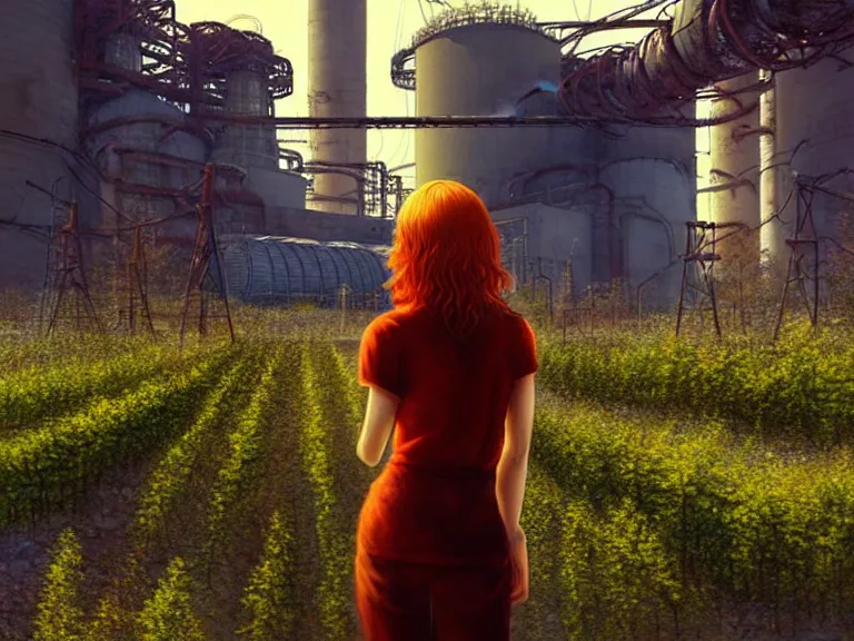 Image similar to red hair girl, chernobyl powerplant!!!, rubble, ruins!!, flowers, vines, hyperrealistic, highly detailed, cinematic, single ray of golden sunlight, beautiful, cgssociety, artstation, 8 k, oil painting by greg rutkowski, by artgerm, by wlop