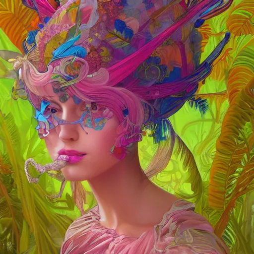 Prompt: a photograpic portrait of a anthropomorphic mimosa wearing colorful neon clothes, fantasy, intricate, elegant, highly detailed, digital painting, artstation, concept art, smooth, sharp focus, illustration, art by artgerm and H R Giger and alphonse mucha