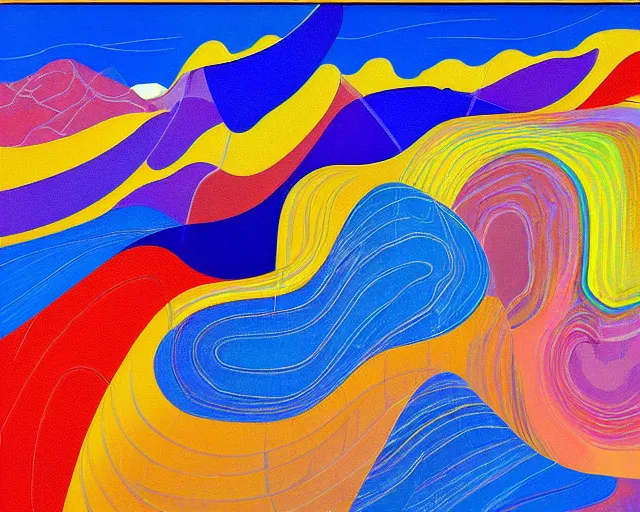 Image similar to A wild, insane, modernist landscape painting. Wild energy patterns rippling in all directions. Curves, organic, zig-zags. Saturated color. Mountains. Clouds. Rushing water. Wayne Thiebaud. Lisa Yuskavage landscape.