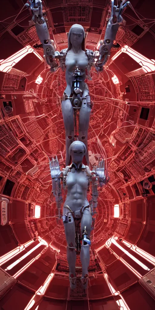 Prompt: high detailed space station interior a statue jesus on cross made of red marble, perfect symmetrical body, full body shot, inflateble shapes, wires, tubes, veins, jellyfish, white biomechanical details, wearing epic bionic cyborg implants, masterpiece, intricate, biopunk, vogue, highly detailed, artstation, concept art, cyberpunk, octane render