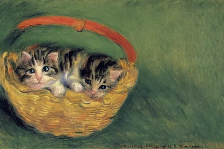 Image similar to a perishing cute kitten coiled up in a basket, snowy outside by Monet, Manet, Renoir