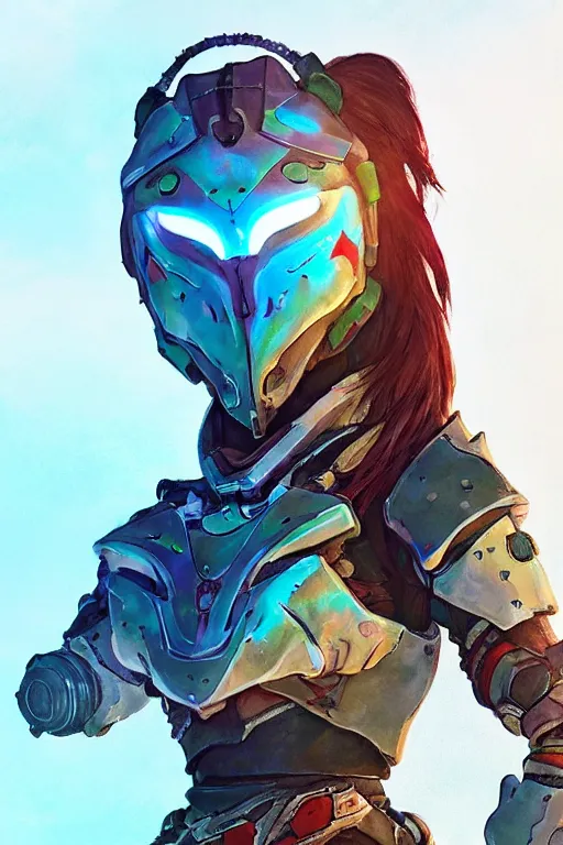 Image similar to combination suit armor aloy horizon forbidden west horizon zero dawn radiating a glowing aura global illumination ray tracing hdr fanart arstation by ian pesty and alena aenami artworks in 4 k tribal robot ninja mask helmet backpack