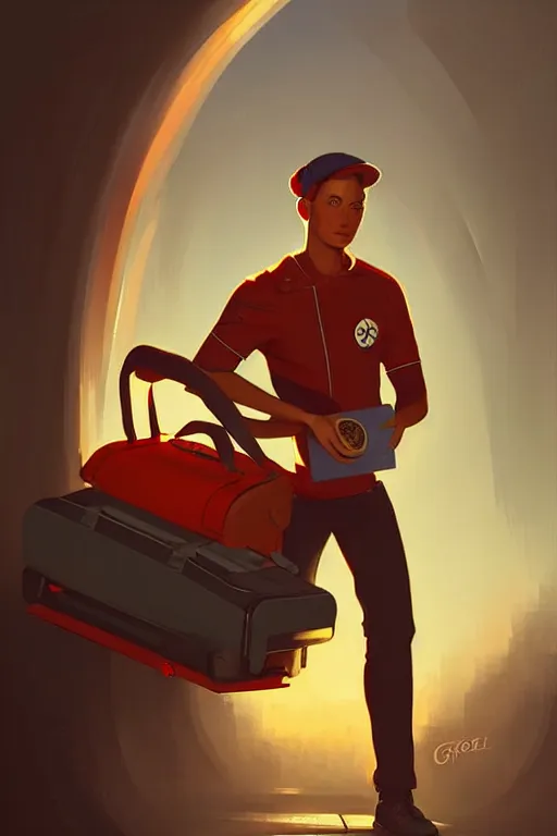 Prompt: greg rutkowski travel poster futuristic pizza delivery boy