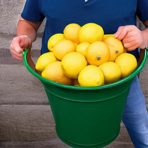 Image similar to A photograph of a confused man holding up a bucket of lemons