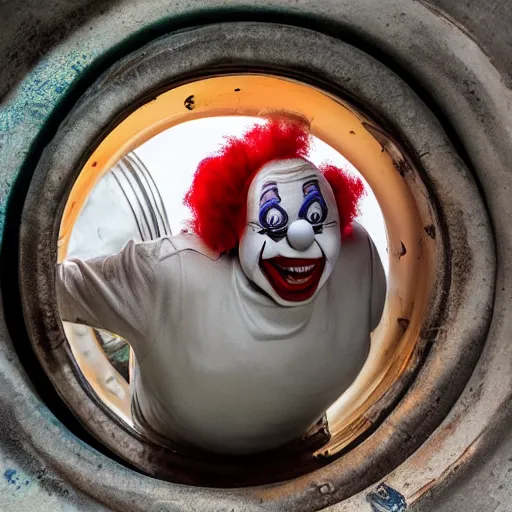 Prompt: clown peeking head out of tank barrel