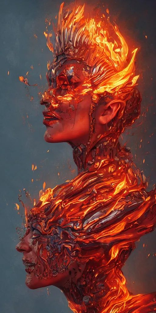 Prompt: Fantasy character portrait of distorted detailed painting of a queen woman made of fire, hyper detailed, red flames, trending on Artstation