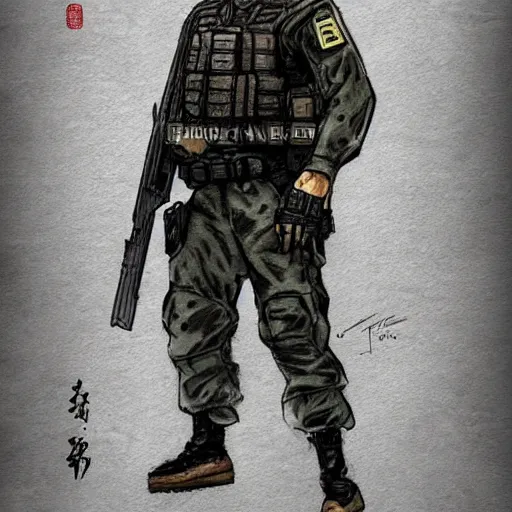 Image similar to a perfect, realistic professional digital sketch of Chinese SWAT soldier in style of Marvel, full length, by pen and watercolor, by a professional French artist on ArtStation, on high-quality paper