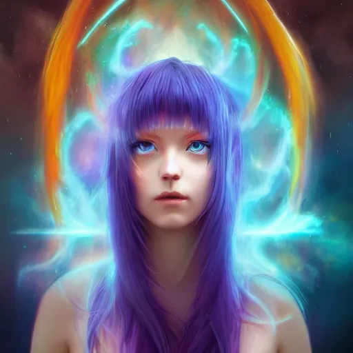 Prompt: rimuru tempest from tensura holding purple flames in her palm, with amber eyes of golden colored eyes, straight hair, sky blue hair, long bangs, high collar, concept art, award winning photography, digital painting, cinematic, wlop, 8 k, by ross tran, tom bagshaw, andy warhol