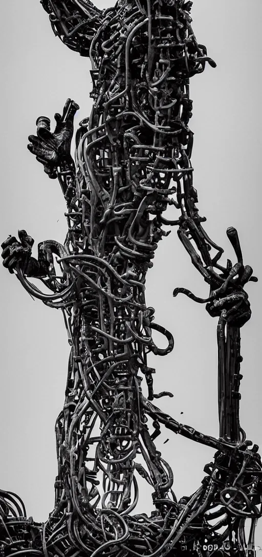Image similar to the statue of liberty overtaken by black tendrils and mechanical parts, body horror, horror, scary, dark, creepy,