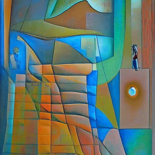 Prompt: woman travels the ancient roads that are rivers of this land, abstract art in the style of cubism and georgia o keefe,