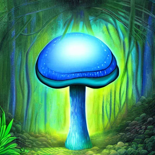 Prompt: A huge glowing blue mushroom inside a rainforest, digital art