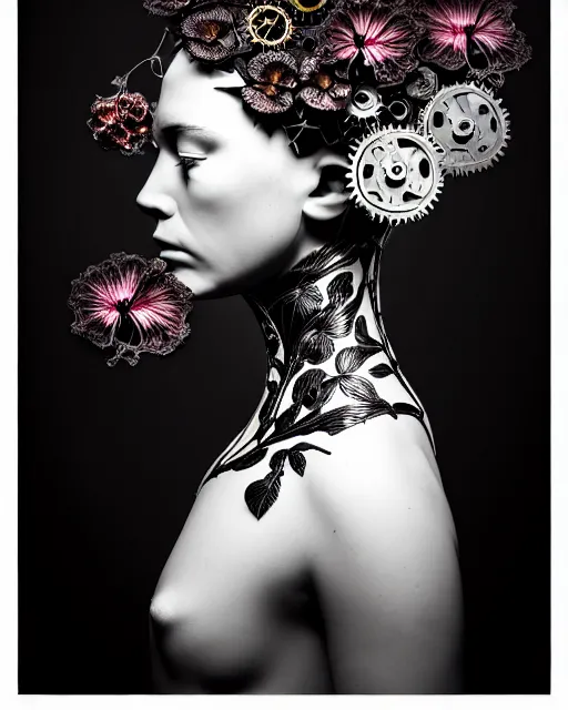 Image similar to masterpiece profile portrait painting, dutch masters, black and white, silver lace floral steampunk biomechanical beautiful one techno eye young female cyborg, big monocular, volumetric light, leaves foliage and stems, hibiscus flowers, by cecile beaton, rim light, big gothic fashion pearl embroidered collar, 8 k