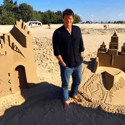 Image similar to a sandcastle in the shape of nathan fillion