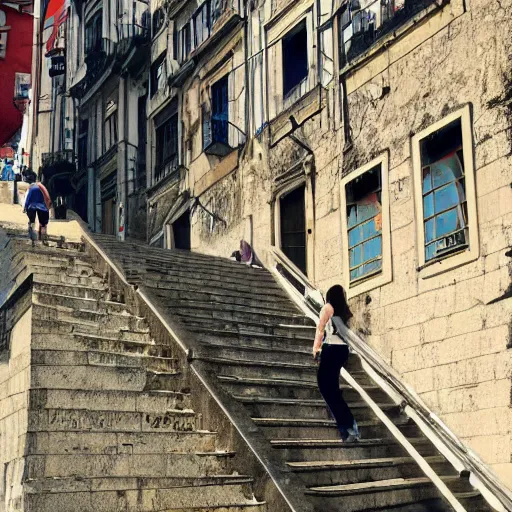 Prompt: Michael mcintyre & a blonde woman climbing steps in Porto, greg rutkowski