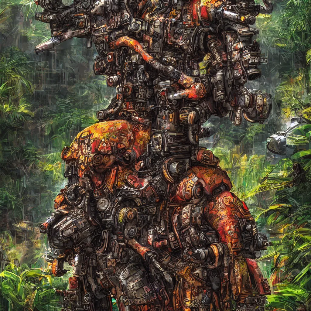 Image similar to war cyberpunk elephant with machine gun mounted in a vivid color jungle, 4 k, detailed, digital art