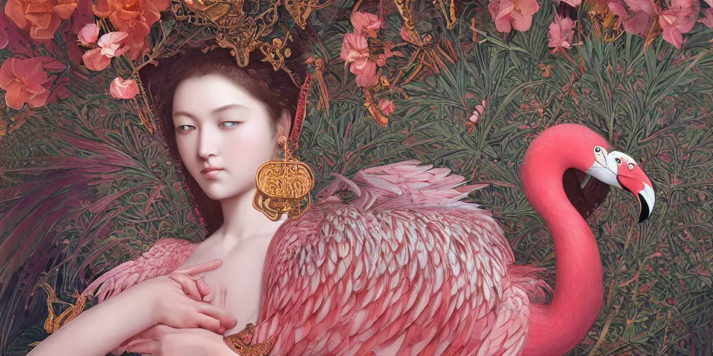 Image similar to breathtaking detailed concept art painting of the goddess of flamingo, orthodox saint, with anxious, piercing eyes, ornate background, amalgamation of leaves and flowers, by Hsiao-Ron Cheng and John James Audubon, extremely moody lighting, 8K