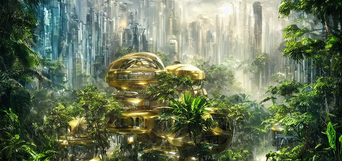 Prompt: futuristic shinny golden building in an jungle landscape of a biopunk city by artgerm, movie poster, film still