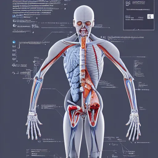 Image similar to detailed and intricate design of a full body of human anatomy, 3 d design, great finesse organic hyper detailed, engineering blueprints, technical drawings, calculus, stained paper, hyperrealistic, ultra detailed, 4 k, octane render, unreal engine