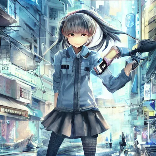 Image similar to dynamic composition, motion, ultra-detailed, incredibly detailed, a lot of details, amazing fine details and brush strokes, colorful and grayish palette, smooth, HD semirealistic anime CG concept art digital painting, watercolor oil painting of Clean and detailed post-cyberpunk sci-fi close-up schoolgirl in asian city in style of cytus and deemo, blue flame, relaxing, calm and mysterious vibes,, by a Chinese artist at ArtStation, by Huang Guangjian, Fenghua Zhong, Ruan Jia, Xin Jin and Wei Chang. Realistic artwork of a Chinese videogame, gradients, gentle an harmonic grayish colors. set in half-life 2, Matrix, GITS, Blade Runner, Neotokyo Source, Syndicate(2012), dynamic composition, beautiful with eerie vibes, very inspirational, very stylish, with gradients, surrealistic, dystopia, postapocalyptic vibes, depth of field, mist, rich cinematic atmosphere, perfect digital art, mystical journey in strange world