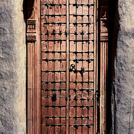 Image similar to A door with a sleeping person hangs on loops, medieval style, dramatic lighting