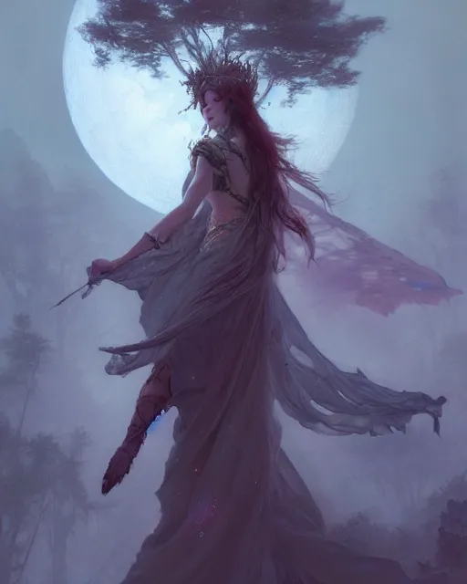 Image similar to a portrait of beautiful fairy goddness fly high in the night, d & d, fantasy, mist, full moon in background, trees, hyper detailed,, midium shot, an oil painting by ruan jia, trending on artstation, concept art, sharp focus, illustration, gaston bussiere, craig mullins, j. c. leyendecker, beautiful lighting