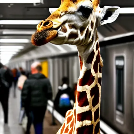 Prompt: giraffe mixed with human hybrid creature, in new york subway station, 4 k hdr 1 0 0 mp camera