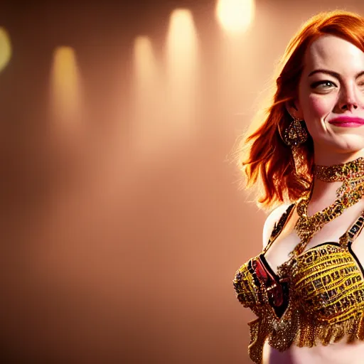 Image similar to a beautiful portrait of emma stone as a belly dancer, arabian night, high quality, fully detailed, 4 k