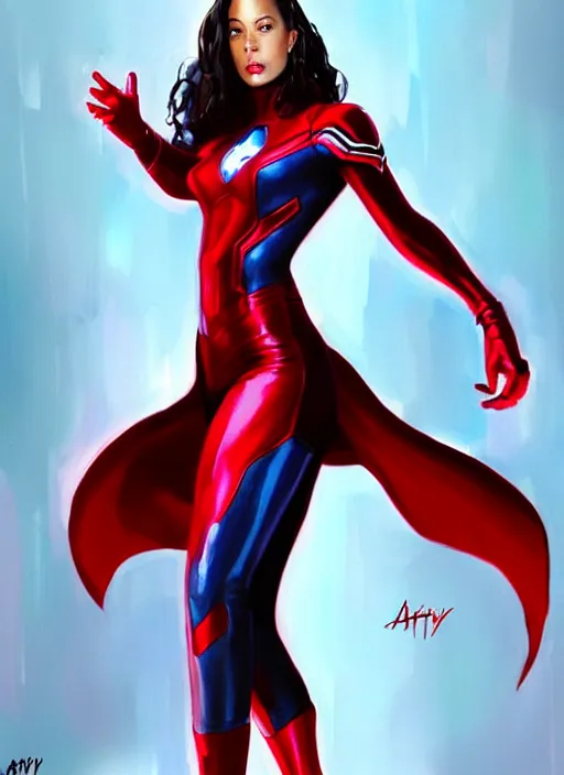 Image similar to full body portrait of marvel cinematic universe aaliyah haughton, red eyes, scarlet witch, elegant, avengers, super hero, red outfit, highly detailed!! digital painting, artstation, glamor pose, concept art, sharp focus, illustration, art by artgerm and greg rutkowski, artey freytag