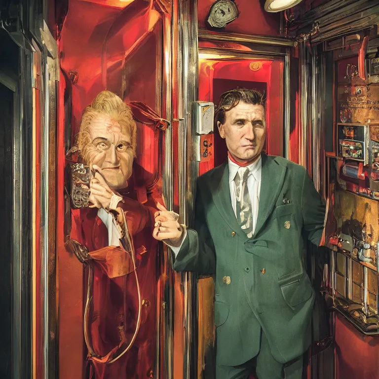 Prompt: professional octane render portrait by wayne barlow and carlo crivelli and glenn fabry, a sinister man in a bright colorful saturated wes anderson elevator operator costume inside a dark and moody vintage elevator in a high - end exotic vintage boutique hotel, very short depth of field