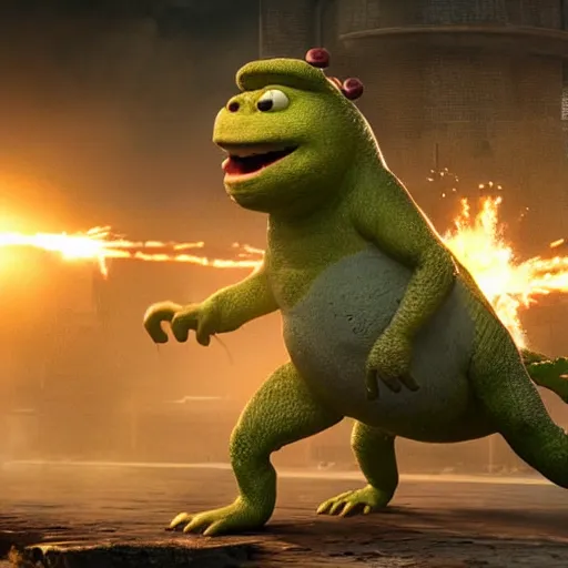 Image similar to mr. bean godzilla super mario pickle rick yoda donkey kong pikachu yeti shrek spongebob homer groot kermit in gears of war, splash art, movie still, detailed face, photorealistic facial features, cinematic lighting, dramatic, octane render, long lens, shallow depth of field, bokeh, anamorphic lens flare, 8 k, hyper detailed, 3 5 mm film grain