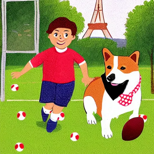 Image similar to illustration of french boy in paris playing football against a corgi, the dog is wearing a polka dot scarf