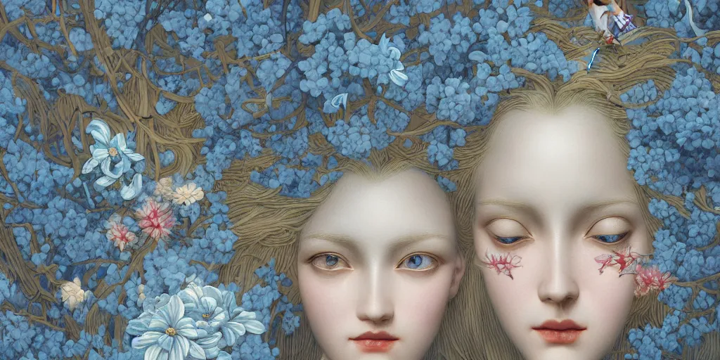 Image similar to breathtaking detailed concept art painting art deco pattern of blonde faces goddesses amalmation light - blue flowers with anxious piercing eyes and blend of flowers and birds, by hsiao - ron cheng and john james audubon, bizarre compositions, exquisite detail, extremely moody lighting, 8 k