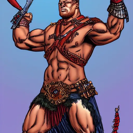 Image similar to bulky muscular scottish warrior with red hair and a kilt, tribal blood red war paintings on his chest, bronze plate armor, in the style of paul pelletier, artgerm