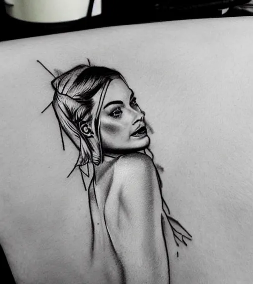 Prompt: mash up tattoo sketch of margot robbie with beautiful mountain scenery, in the style of arlo dicristina, amazing detail, sharp