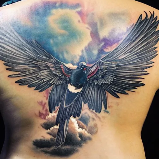 Prompt: back piece tattoo of a magpie flared out on a background of thunderclouds and lightning, high detail