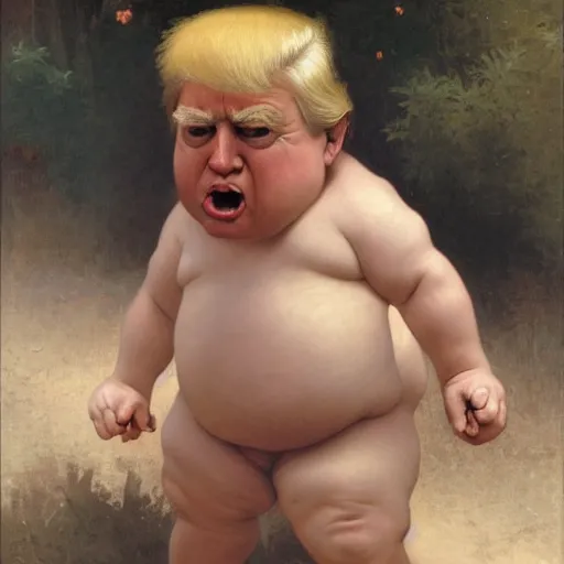 Prompt: Painting of angry Donald Trump as a troll in diapers. Old. Unhappy. Very Fat. Art by william adolphe bouguereau. Very very very very very very much detailed. 4K. Award winning.