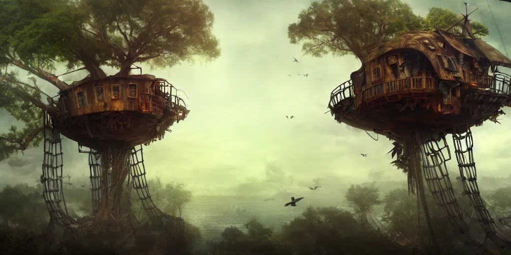 Image similar to A treehouse made out of a derelict pirate ship, torn sails, cargo net, crows nest, the treetops of giant oaks, game art matte painting hyperdetailed, artstation, cgsociety, 8k, surreal dream landscape