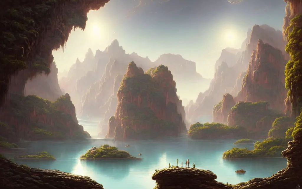 Prompt: a beautiful highly detailed matte painting of an alien planet with giant lotus with a lake surrounded by a canyon and rocks. by albrecht anker concept art