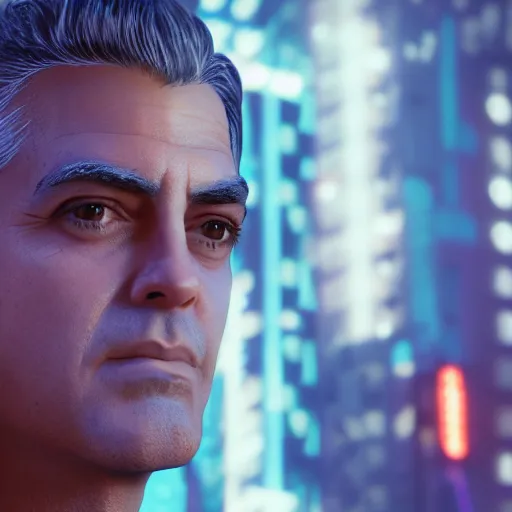 Prompt: young george clooney portrait, cyberpunk 2 0 7 7, cyberpunk jackie welles, photorealistic, ultra detailed, neon, octane, bokeh, cinematic lighting, cyber, cyberpunk city, studio quality, feature, scars, cyberface, 8 k