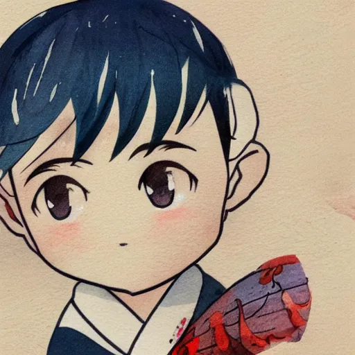 Prompt: beautiful water color concept art of face detailing cute nendoroid boy in the style of hokusai , toon rendering, close-up, no shade, modern art, kyoto animation